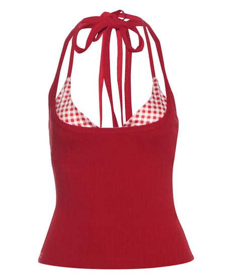 Autumn Chic: Red Ribbed Halter Tank & Gingham Bralette 2-Piece Set - Trendy Fall Layering Top