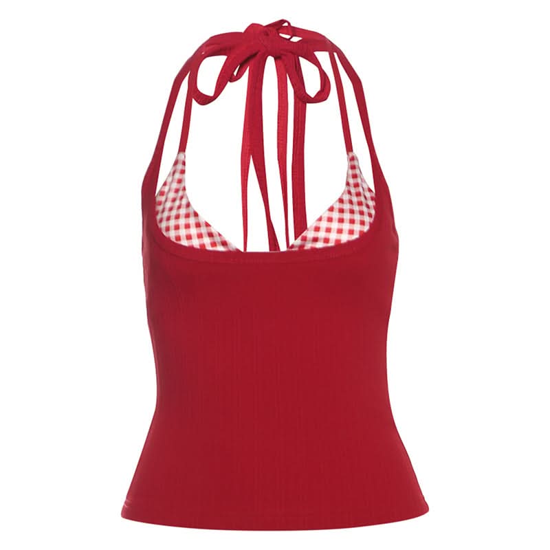Autumn Chic: Red Ribbed Halter Tank & Gingham Bralette 2-Piece Set - Trendy Fall Layering Top
