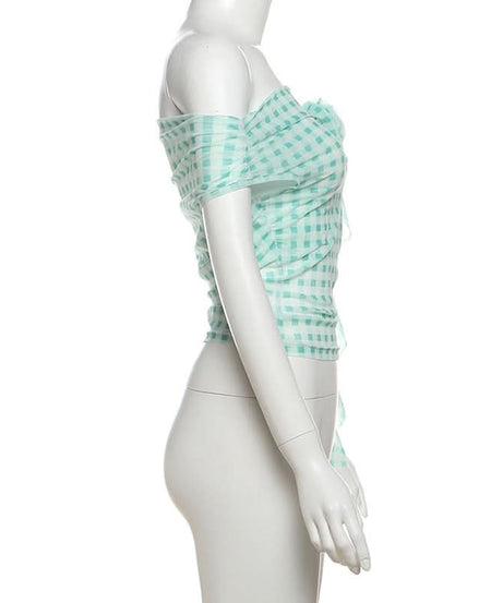 Chic Mint Gingham Off-Shoulder Top with 3D Rose & Cascading Ruffle – Your Fall Vacation & Resort Essential