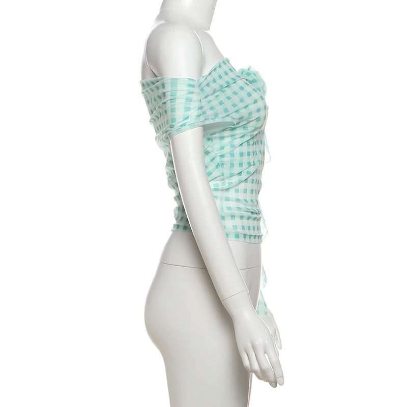 Chic Mint Gingham Off-Shoulder Top with 3D Rose & Cascading Ruffle – Your Fall Vacation & Resort Essential