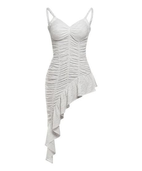 Chic White Ruched Asymmetrical Mini Dress | Fall Party & Holiday Glam Ready