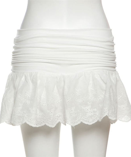 Y2K Chic White Ruched Mini Skirt with Eyelet Lace & Studded Belt – Your Trendy Fall & Vacay Essential