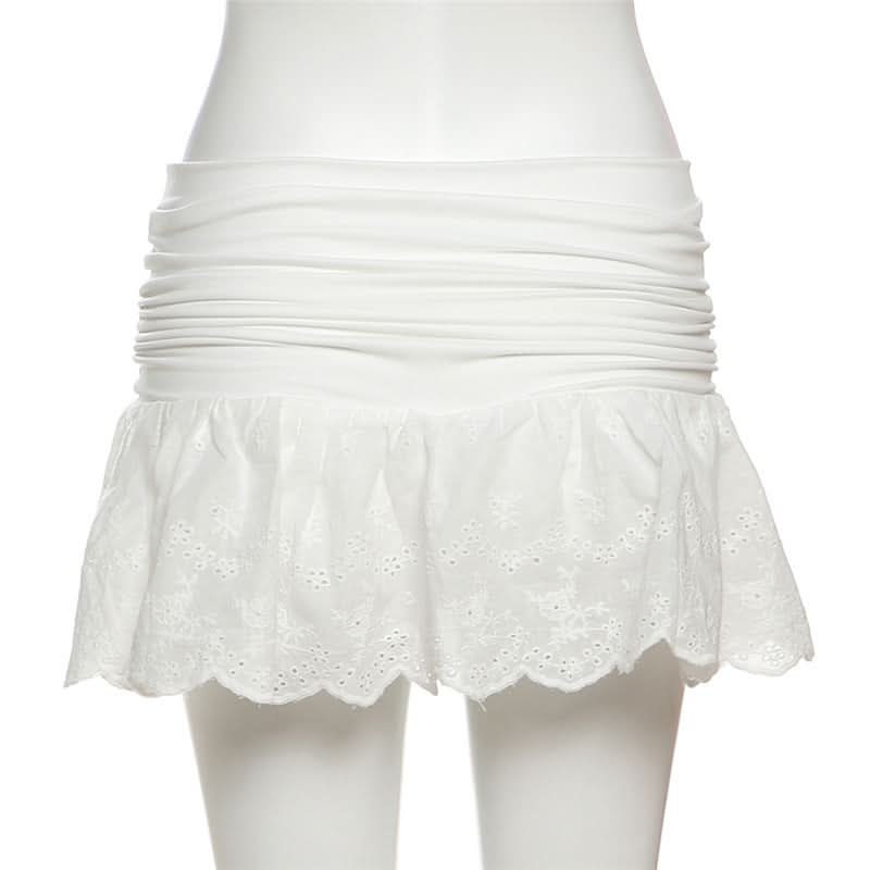 Y2K Chic White Ruched Mini Skirt with Eyelet Lace & Studded Belt – Your Trendy Fall & Vacay Essential