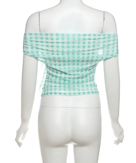 Chic Mint Gingham Off-Shoulder Top with 3D Rose & Cascading Ruffle – Your Fall Vacation & Resort Essential