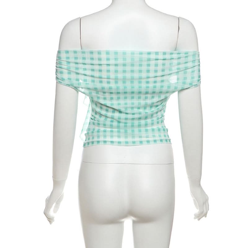 Chic Mint Gingham Off-Shoulder Top with 3D Rose & Cascading Ruffle – Your Fall Vacation & Resort Essential