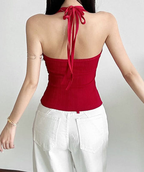Autumn Chic: Red Ribbed Halter Tank & Gingham Bralette 2-Piece Set - Trendy Fall Layering Top