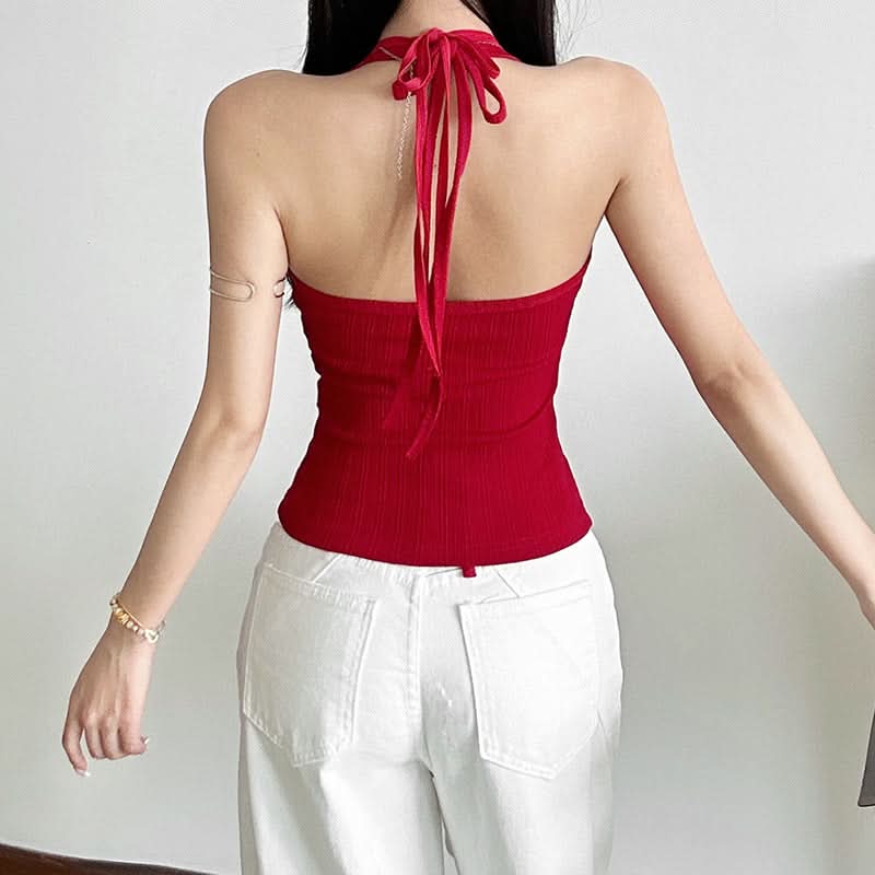 Autumn Chic: Red Ribbed Halter Tank & Gingham Bralette 2-Piece Set - Trendy Fall Layering Top