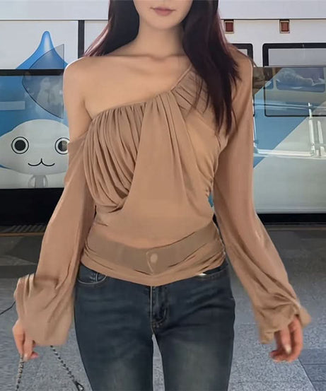 Effortless Chic: One-Shoulder Draped Long Sleeve Top for Fall & Holiday