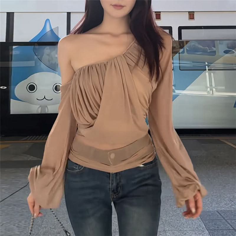 Effortless Chic: One-Shoulder Draped Long Sleeve Top for Fall & Holiday