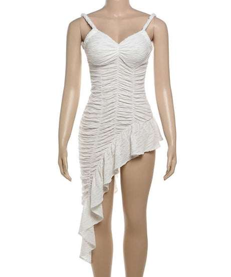 Chic White Ruched Asymmetrical Mini Dress | Fall Party & Holiday Glam Ready