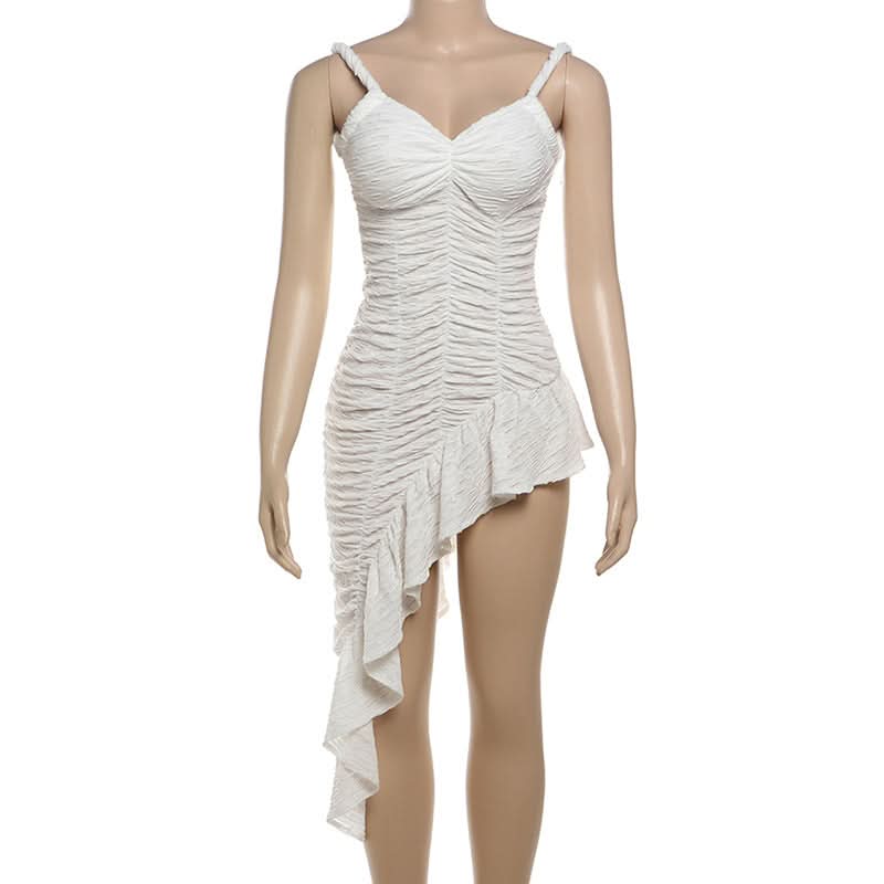 Chic White Ruched Asymmetrical Mini Dress | Fall Party & Holiday Glam Ready