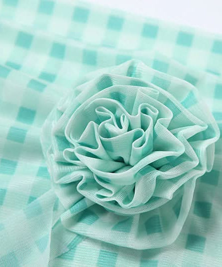 Chic Mint Gingham Off-Shoulder Top with 3D Rose & Cascading Ruffle – Your Fall Vacation & Resort Essential