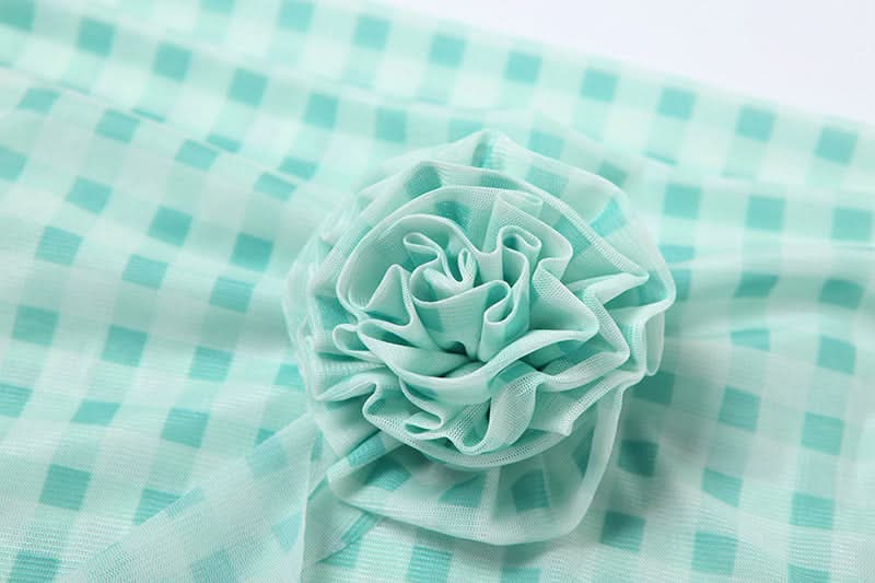 Chic Mint Gingham Off-Shoulder Top with 3D Rose & Cascading Ruffle – Your Fall Vacation & Resort Essential