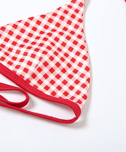 Autumn Chic: Red Ribbed Halter Tank & Gingham Bralette 2-Piece Set - Trendy Fall Layering Top