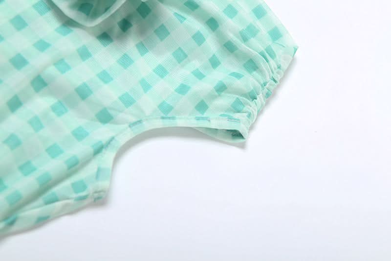 Chic Mint Gingham Off-Shoulder Top with 3D Rose & Cascading Ruffle – Your Fall Vacation & Resort Essential