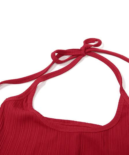 Autumn Chic: Red Ribbed Halter Tank & Gingham Bralette 2-Piece Set - Trendy Fall Layering Top