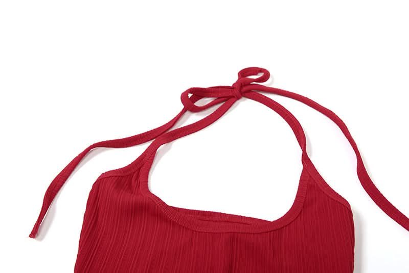 Autumn Chic: Red Ribbed Halter Tank & Gingham Bralette 2-Piece Set - Trendy Fall Layering Top