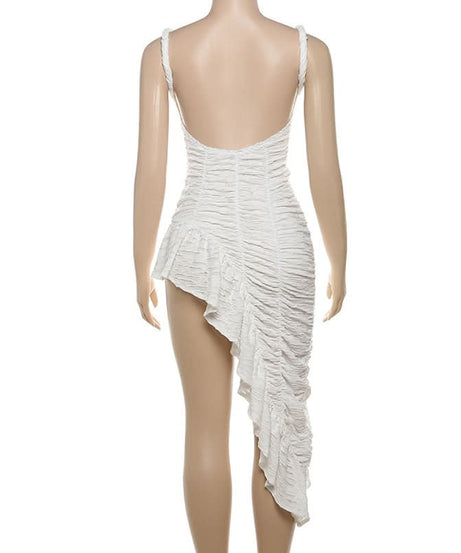 Chic White Ruched Asymmetrical Mini Dress | Fall Party & Holiday Glam Ready