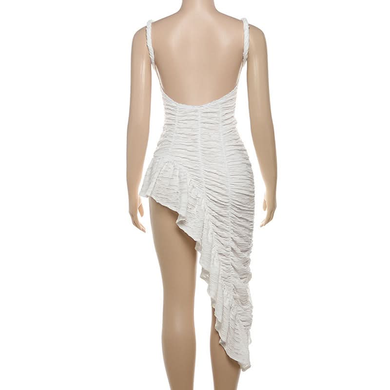 Chic White Ruched Asymmetrical Mini Dress | Fall Party & Holiday Glam Ready