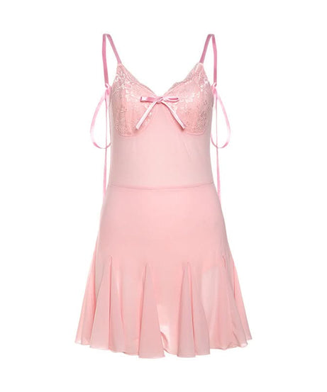 Dreamy Coquette Pink Lace Babydoll Mini Dress - Romantic Bow & Adjustable Straps