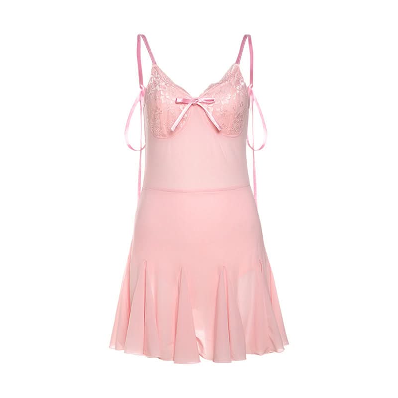 Dreamy Coquette Pink Lace Babydoll Mini Dress - Romantic Bow & Adjustable Straps