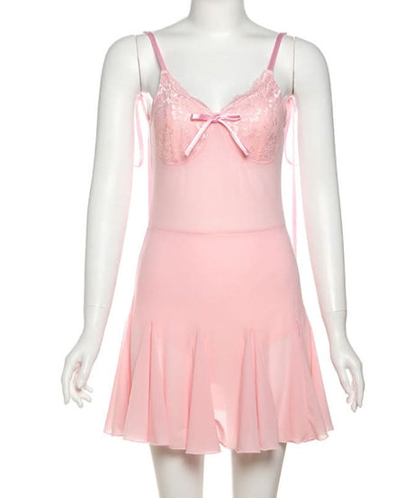 Dreamy Coquette Pink Lace Babydoll Mini Dress - Romantic Bow & Adjustable Straps