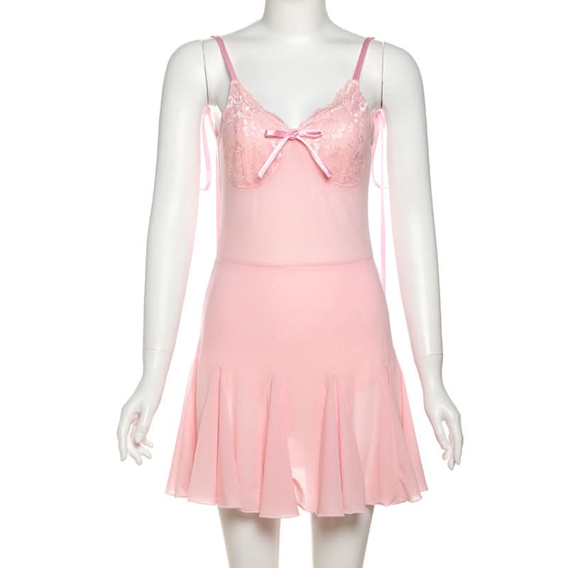 Dreamy Coquette Pink Lace Babydoll Mini Dress - Romantic Bow & Adjustable Straps