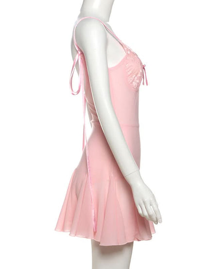 Dreamy Coquette Pink Lace Babydoll Mini Dress - Romantic Bow & Adjustable Straps
