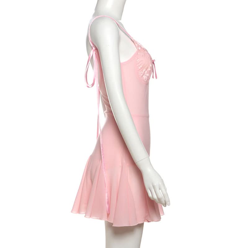 Dreamy Coquette Pink Lace Babydoll Mini Dress - Romantic Bow & Adjustable Straps