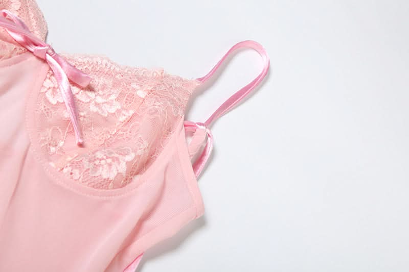 Dreamy Coquette Pink Lace Babydoll Mini Dress - Romantic Bow & Adjustable Straps