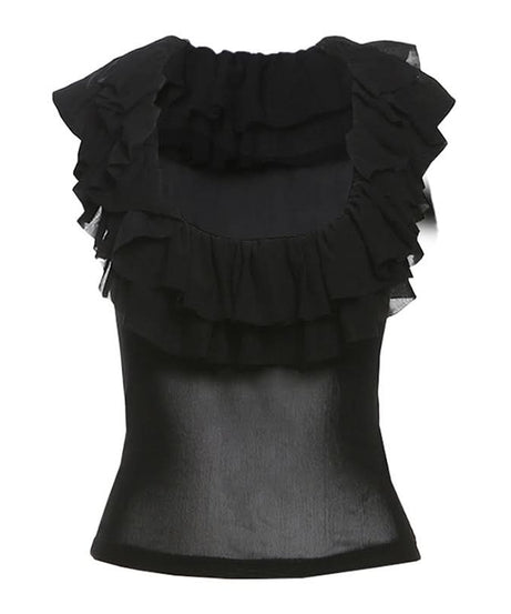 Chic Ruffle Mesh Sleeveless Top - Versatile Black U-Neck Blouse for Fall & Holiday Styling