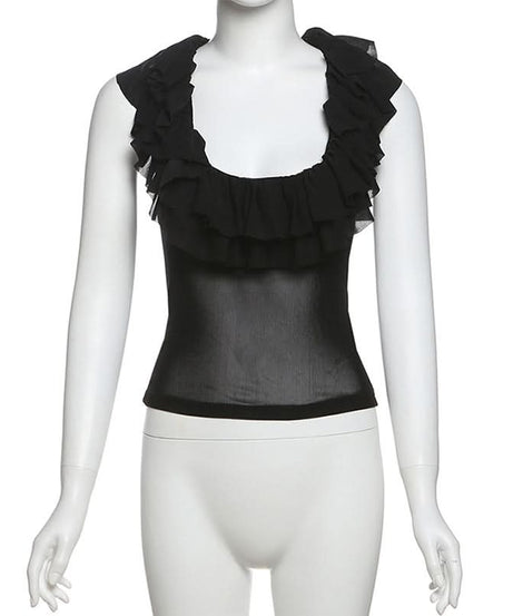 Chic Ruffle Mesh Sleeveless Top - Versatile Black U-Neck Blouse for Fall & Holiday Styling