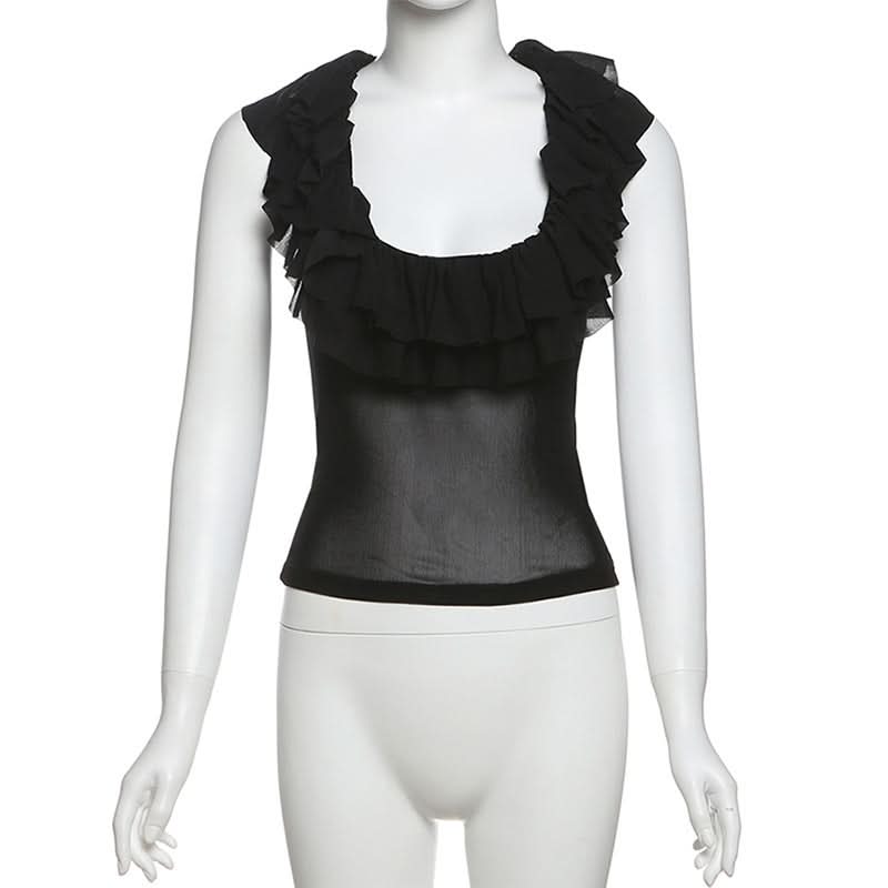 Chic Ruffle Mesh Sleeveless Top - Versatile Black U-Neck Blouse for Fall & Holiday Styling