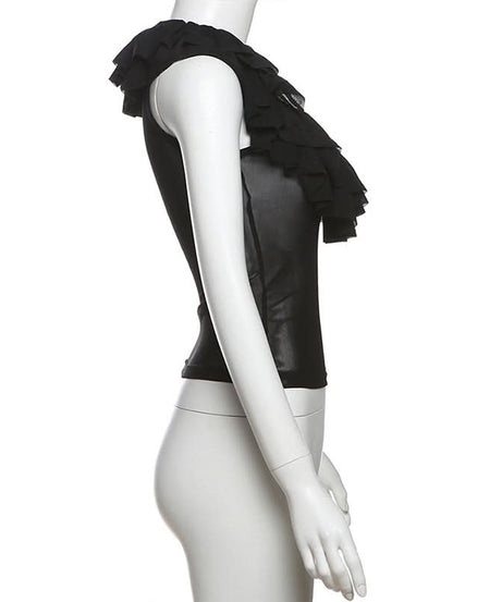 Chic Ruffle Mesh Sleeveless Top - Versatile Black U-Neck Blouse for Fall & Holiday Styling