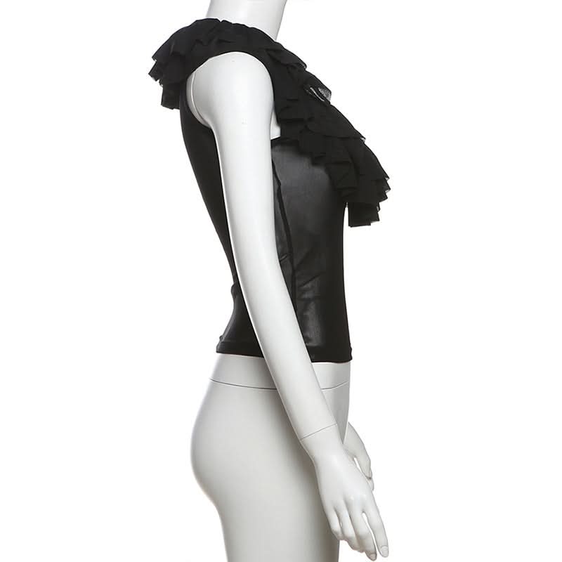 Chic Ruffle Mesh Sleeveless Top - Versatile Black U-Neck Blouse for Fall & Holiday Styling