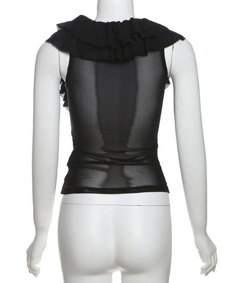 Chic Ruffle Mesh Sleeveless Top - Versatile Black U-Neck Blouse for Fall & Holiday Styling