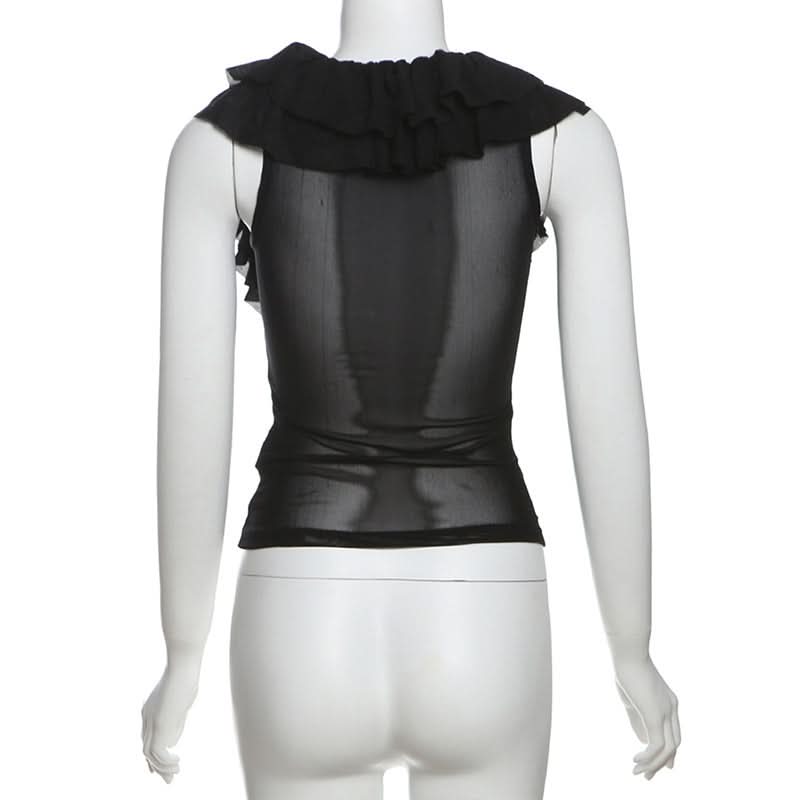 Chic Ruffle Mesh Sleeveless Top - Versatile Black U-Neck Blouse for Fall & Holiday Styling