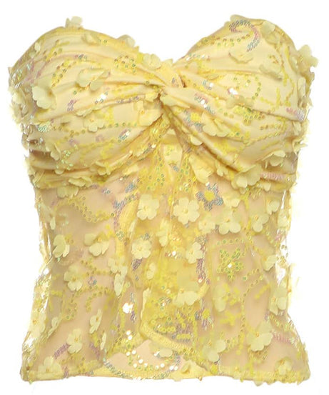 Dazzling Daisy Delight: Yellow Floral Sequin Strapless Top – Your Fall Party Statement