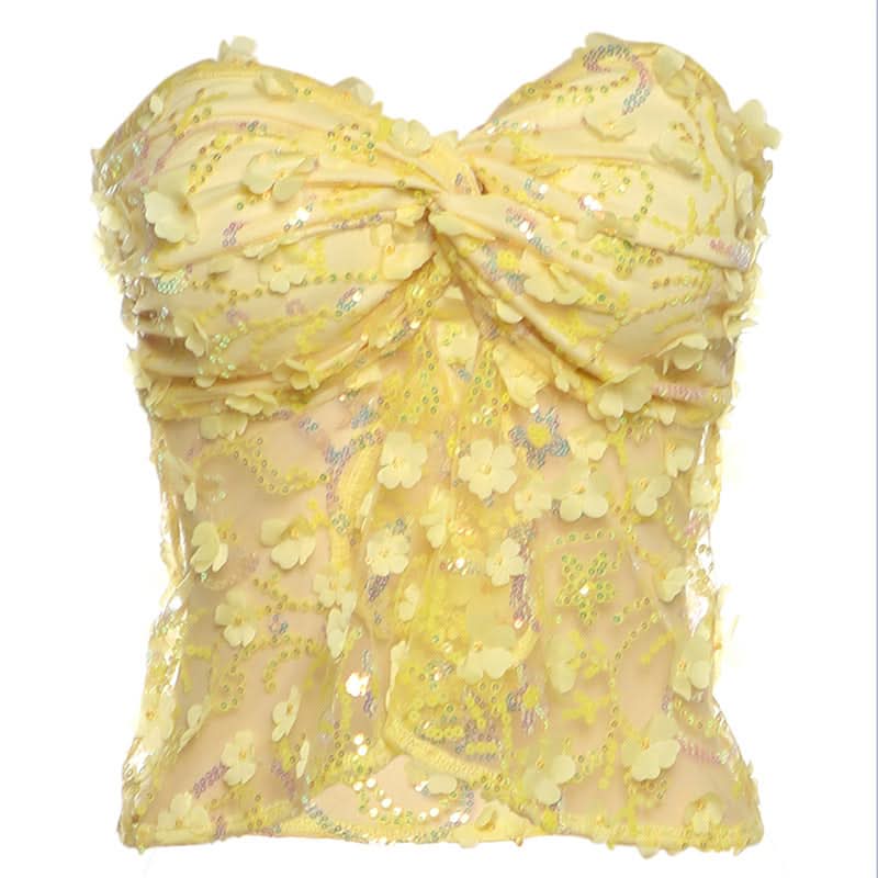 Dazzling Daisy Delight: Yellow Floral Sequin Strapless Top – Your Fall Party Statement