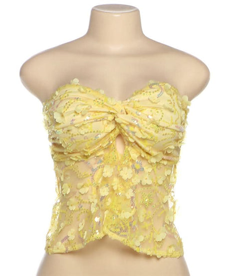 Dazzling Daisy Delight: Yellow Floral Sequin Strapless Top – Your Fall Party Statement