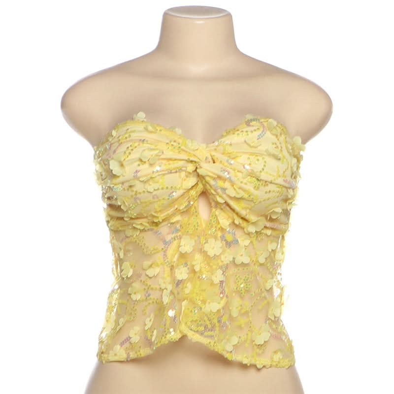 Dazzling Daisy Delight: Yellow Floral Sequin Strapless Top – Your Fall Party Statement