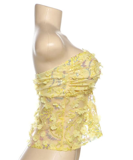 Dazzling Daisy Delight: Yellow Floral Sequin Strapless Top – Your Fall Party Statement