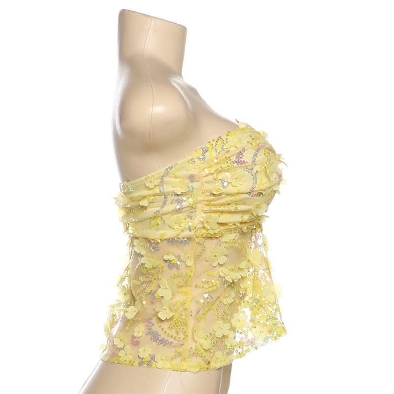 Dazzling Daisy Delight: Yellow Floral Sequin Strapless Top – Your Fall Party Statement