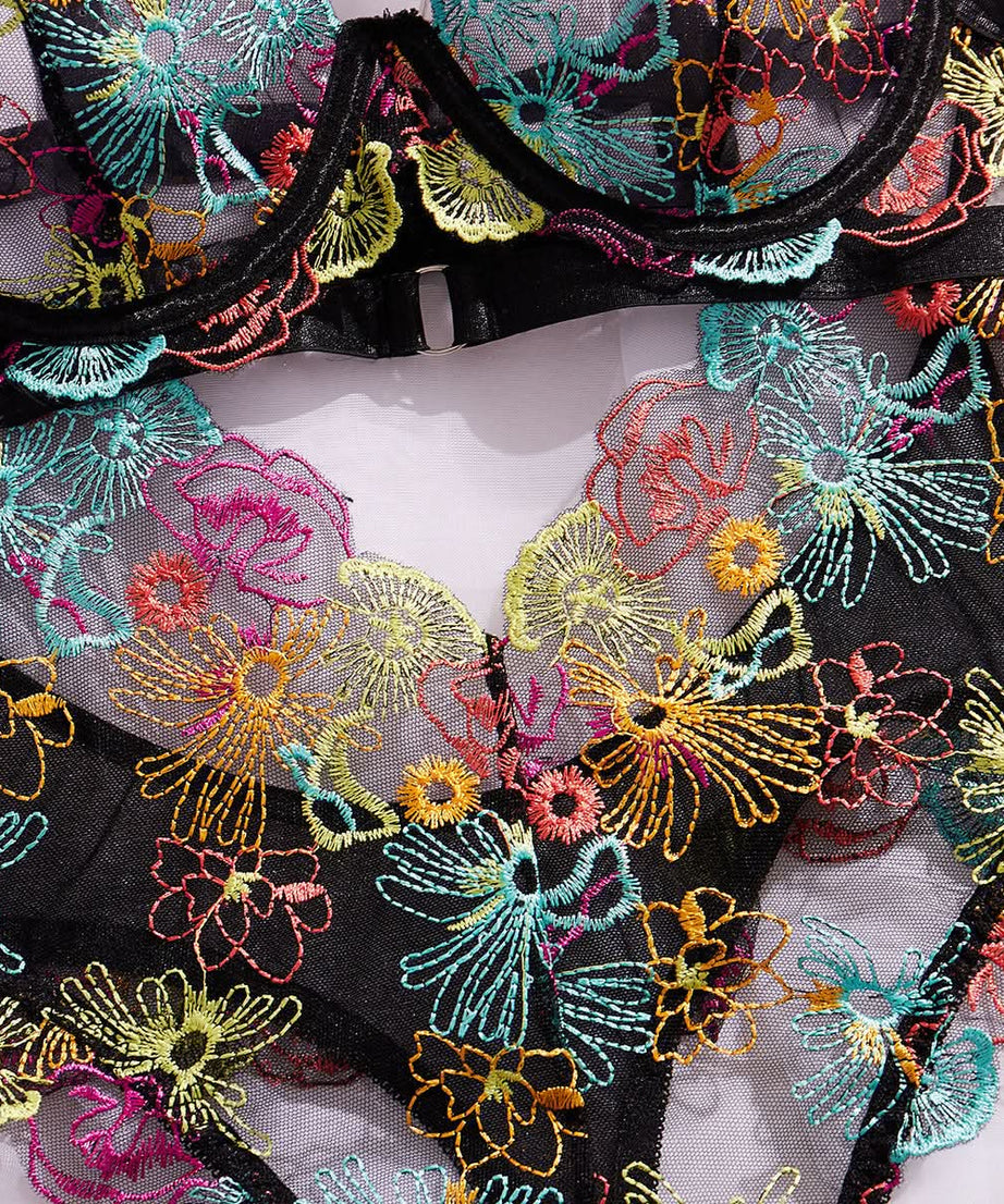 Vibrant Bloom Embroidered Mesh Bodysuit – Your Chic Fall & Holiday Statement Piece