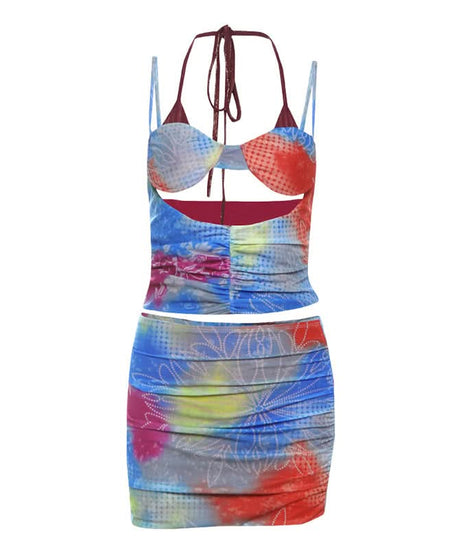 Vibrant Tie-Dye Cutout Ruched Halter Top & Mini Skirt Set - Y2K Party & Vacation Style
