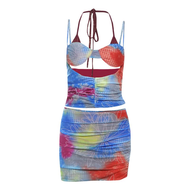 Vibrant Tie-Dye Cutout Ruched Halter Top & Mini Skirt Set - Y2K Party & Vacation Style