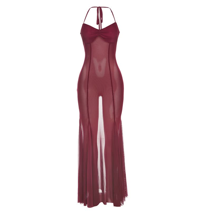 Captivating Burgundy Sheer Mesh Halter Maxi Dress - Your Daring Fall & Holiday Statement Piece