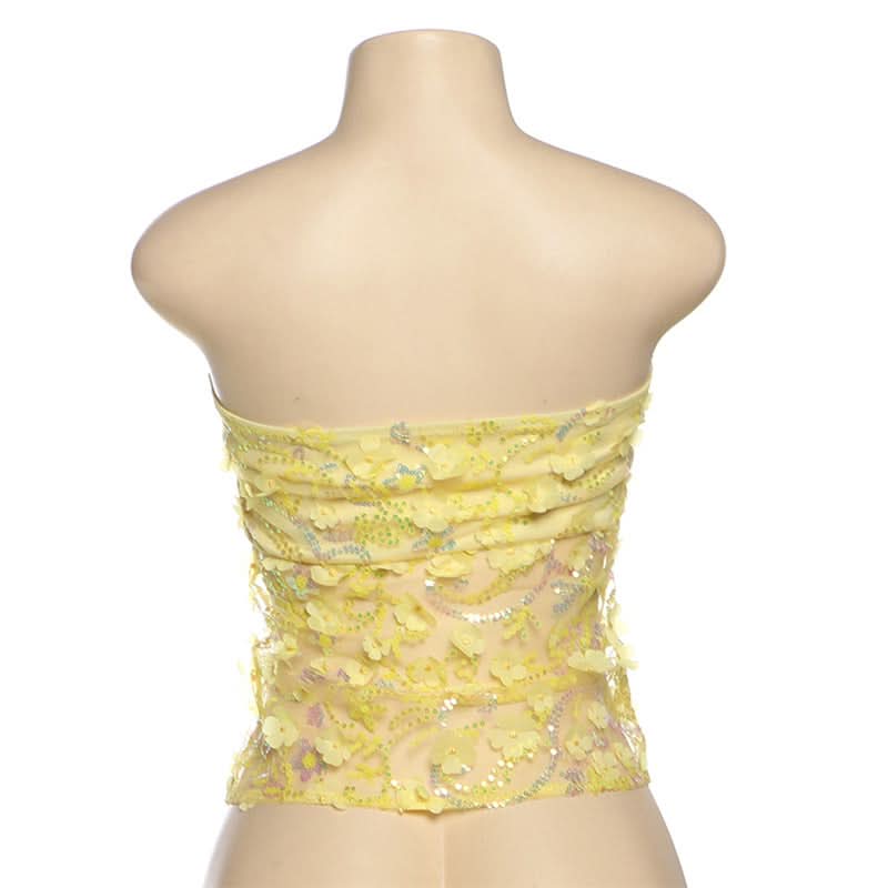 Dazzling Daisy Delight: Yellow Floral Sequin Strapless Top – Your Fall Party Statement