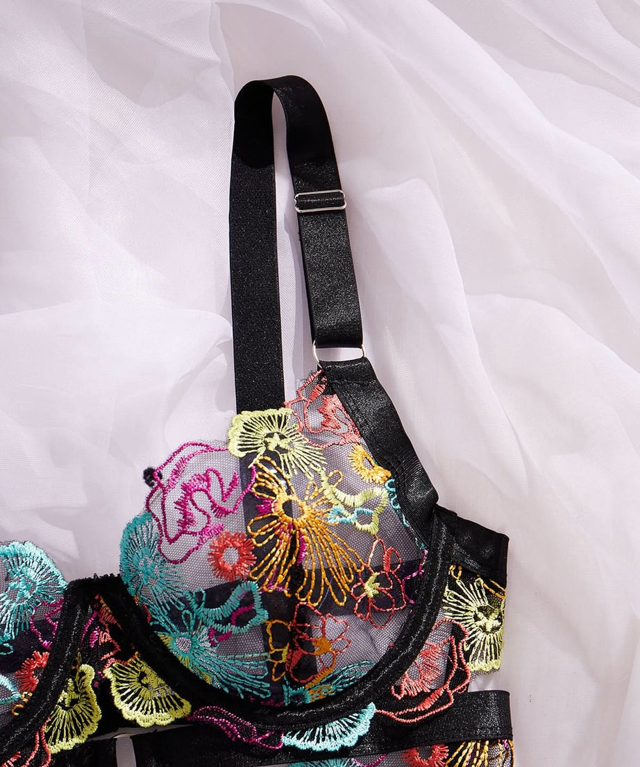 Vibrant Bloom Embroidered Mesh Bodysuit – Your Chic Fall & Holiday Statement Piece