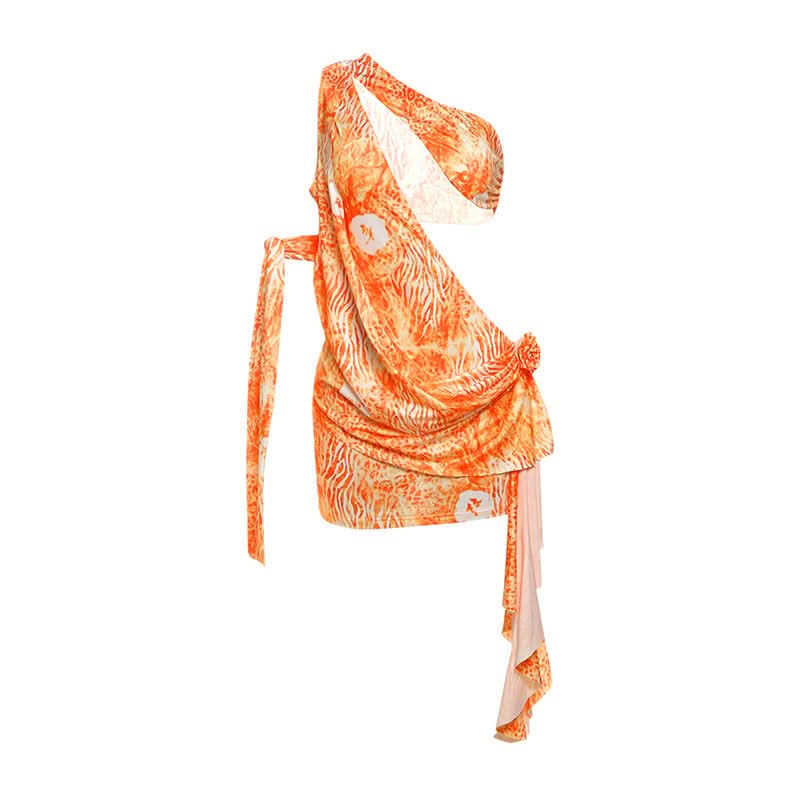 Vibrant Orange One-Shoulder Draped Mini Dress - Fall Party & Tropical Escape Ready